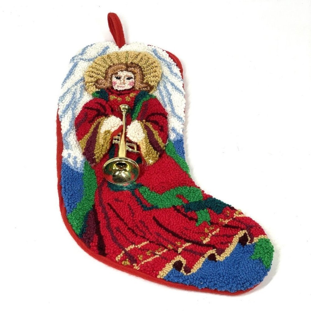 Christmas Stocking Angel Gold Trumpet Horn Needlepoint Velvet Back‎ Red